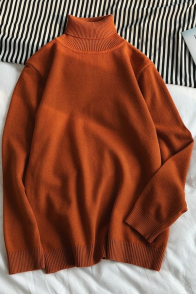 Boys Hot Sweater Solid Color Rib Hem Long Sleeves Turtle Neck Loose Fit Pullover Sweater