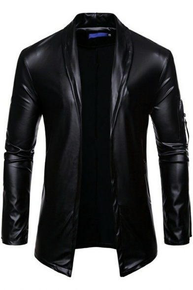 Boys Unique Jacket Solid Color Spread Collar Long-Sleeved Slim Zip Placket Leather Jacket
