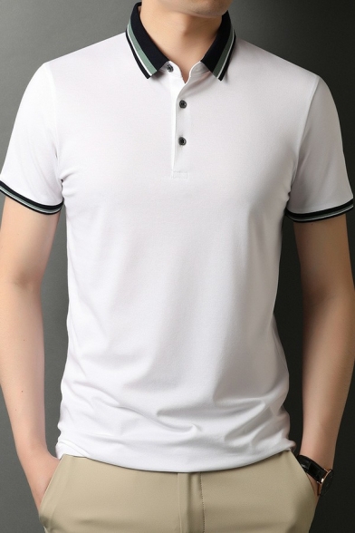 Casual Mens T-Shirt Contrast Line Short Sleeve Button Detail Turn-down Collar Regular Fit T-Shirt