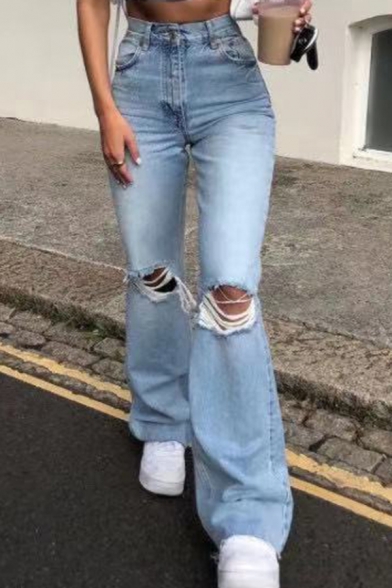 Cool Ladies Jeans Zipper Down Knee Distressed Ripped Wide Leg Jeans with Washing Effect