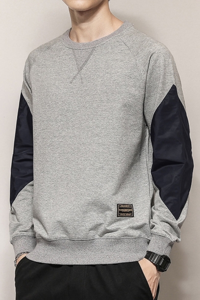 Cozy Sweatshirt Contrast Sitching Patched Round Collar Long Sleeves Fitted Sweatshirt for Men