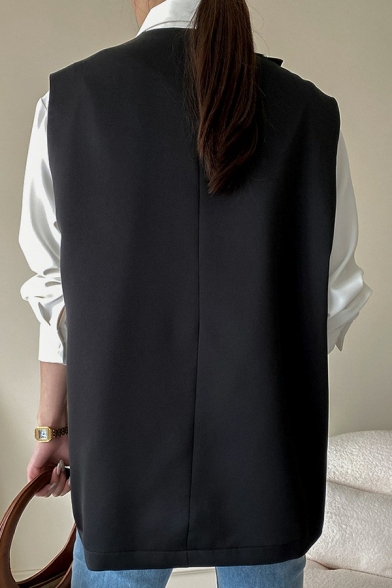 Creative Womens Vest Crew Neck Single Button Asymmetric Hem Regular Fit Suit Vest in Black