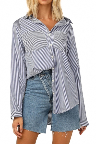 Girls Chic Shirt Striped Pattern Spread Collar Chest Pockets Button Down Long Sleeve Relaxed Shirt