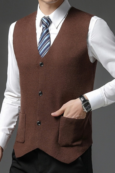 Guy's Cozy Suit Waistcoat Pure Color V-Neck Pocket Fitted Single Breasted Suit Vest