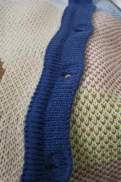 Leisure Crop Cardigan Lapel Contrast Panel Button Closure Rib Hem Long Sleeve Regular Fit Cardigan for Women