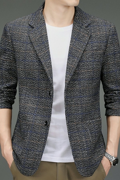 Men Urban Blazer Plaid Print Pocket Long Sleeve Skinny Lapel Collar Button Fly Suit Blazer