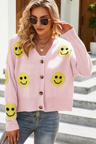 Modern Girls Cardigan Smiling Face V Neck Button Down Long Sleeve Relaxed Cardigan