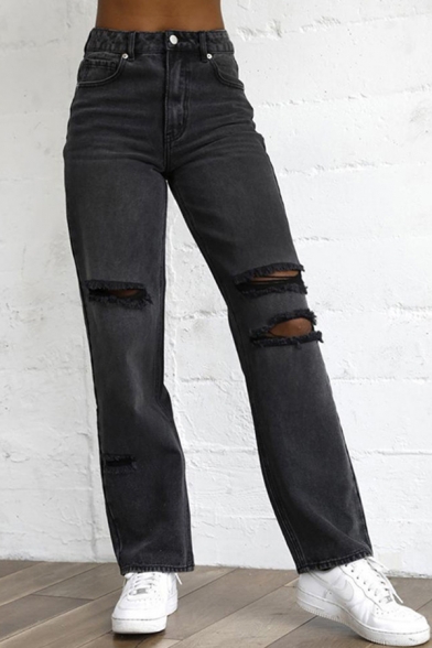Pop Womens Jeans Mid Waist Zipper Fly Distressed Regular Fit Straight Jeans in Black