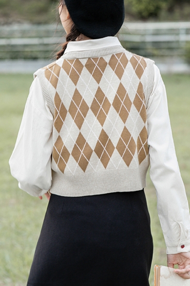 Popular Girls Sweater Vest Argyle Print V-Neck Sleeveless Relaxed Cropped Vest