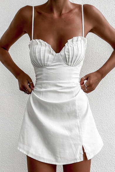 Sexy Plain Mini Dress Curved Hem Fitted Spaghetti Straps Dress in White