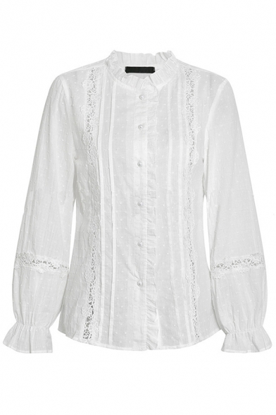 Stylish Girls White Shirt Button Up Hollow Detail Long Sleeve Shirt
