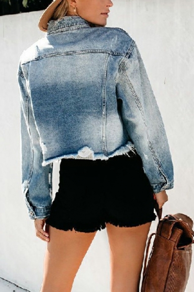 Stylish Womens Jacket Turn Down Collar Chest Pockets Single Breasted Ripped Cropped Denim Jacket