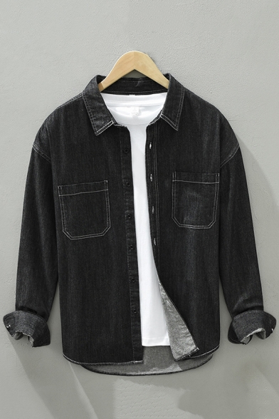Trendy Boys Jacket Plain Button Closure Long Sleeve Lapel Collar Regular Fit Denim Jacket