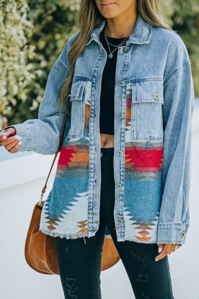 Trendy Womens Jacket Geometric Print Turn Down Collar Single Breasted Long Sleeve Oversized Denim Jacket