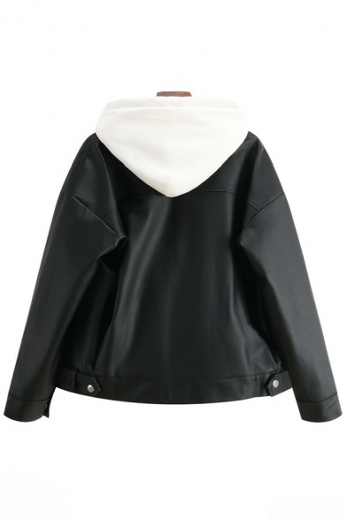 Trendy Womens Jacket PU Leather Notched Lapel Zip Up Long Sleeve Relaxed Jacket