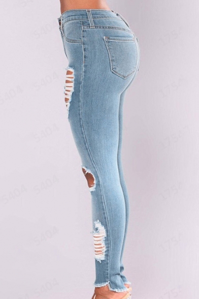 Trendy Womens Jeans Distressed Zipper Fly Mid Waist Full Length Super Skinny Jeans