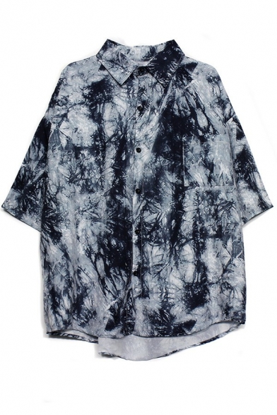 Boys Pop Shirt Tie Dye Pattern Turn-down Collar Loose Half Sleeve Button Fly Shirt