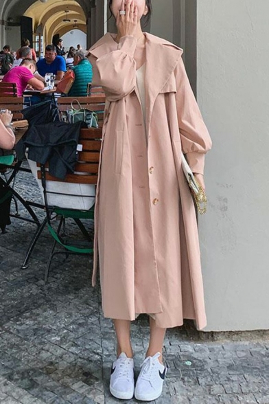 Casual Ladies Trench Coat Plain Notched Lapel Single Breasted Bow Tied Waist Long Puff Sleeve Long Slim Trench Coat