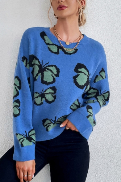 Casual Womens Blue Sweater Butterfly Pattern Crew Neck Rib Hem Long Sleeve Pullover Sweater
