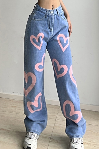 Chic Girls Jeans Colored Denim Zip Fly High Rise Heart Pattern Ankle Length Straight Jeans