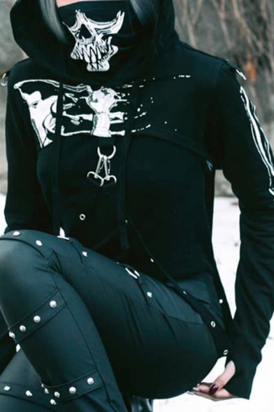 Chic Womens Hoodie Skull Print Drawstring Chain Detail Cut-Off Cropped Long Sleeve Slim Hoodie