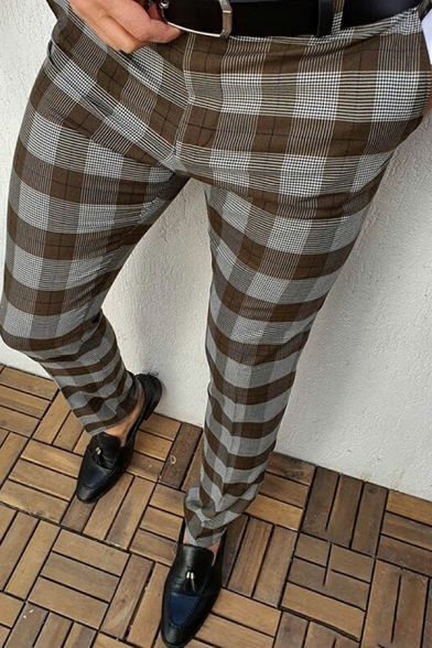 Cool Mens Pants Plaid Pattern Zip Closure Mid Rise Slim Fit Pants