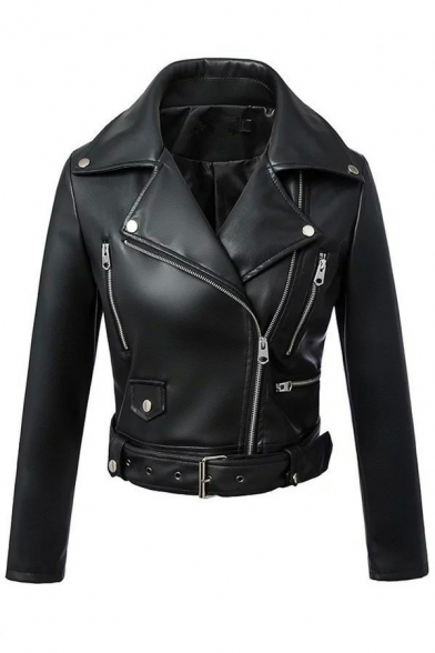 Cool Womens Jacket PU Leather Notched Lapel Collar Zipper Fly Belted Long Sleeve Slim Biker Jacket