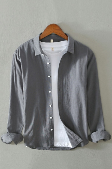 Cozy Shirt Solid Curved Hem Long-Sleeved Relaxed Fit Spread Collar Button Placket Shirt for Men