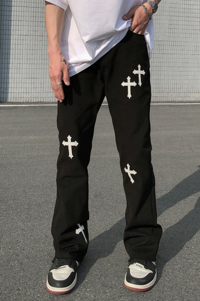 Dashing Mens Pants Cross Print Elastic Waist Mid Rise Straight Fit Pants with Pocket