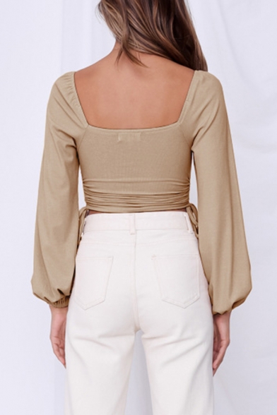 Elegant Womens T-Shirt Plain Color Square Neck Long Puff Sleeve Drawstring Side Slim Cropped T-Shirt