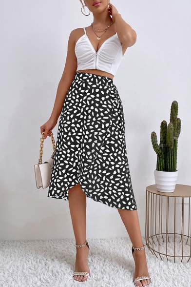 Fashion Ladies Skirt Leopard Pattern Split Front Tied Waist Midi Wrap Skirt