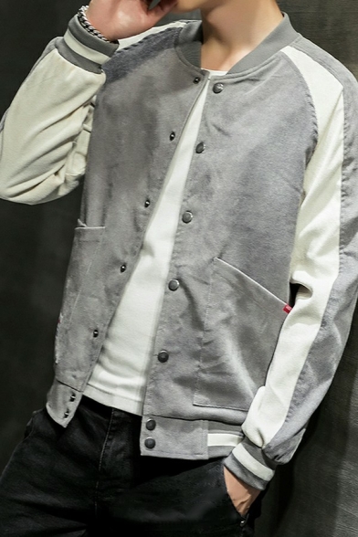 Guy's Chic Jacket Color Block Stand Collar Regular Zipper Long-sleeved Baseball Jacket