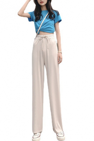 Leisure Womens Pants Solid Color Elastic Waist Drawstring High Rise Full Length Straight Pants