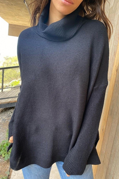 Leisure Womens Sweater Plain High Neck Long Bat Sleeve Split Detail Slim Fit Sweater