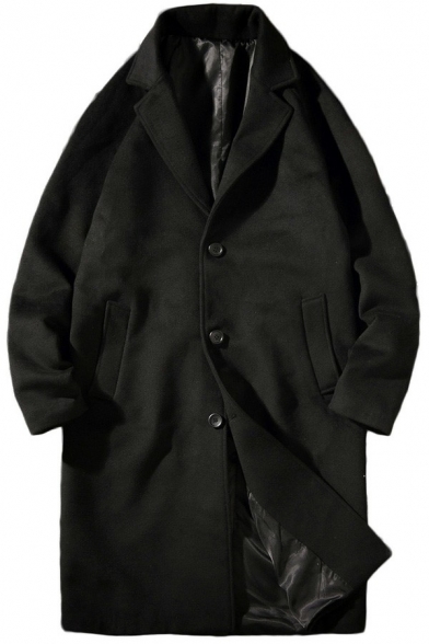 Men Urban Coat Solid Pocket Detailed Lapel Collar Long-Sleeved Loose Button Placket Coat
