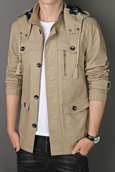 Mens Trench Coat Vintage Plain Button up Long Sleeve Regular Fitted Trench Coat with Hood
