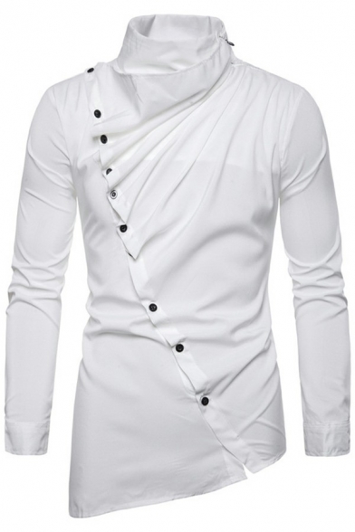 Modern Guys Button Shirt Pure Color Long Sleeve Stand Collar Irregular Hem Slim Fit Shirt