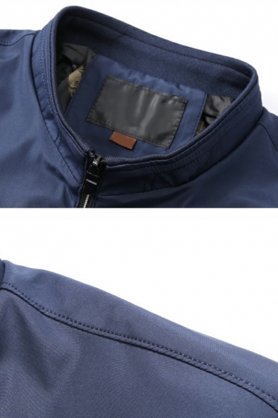 Modern Guys Jacket Plain Pocket Stand Collar Fitted Long Sleeve Zip Fly Baseball Jacket