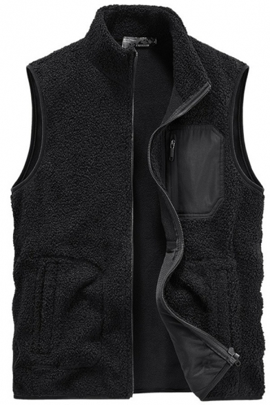 Pop Vest Solid Color Pure Color Stand Neck Relaxed Zip Closure Inner Fleece Vest for Men