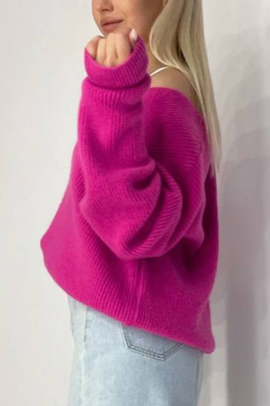 Popular Plain Sweater V-Neck Long Sleeve Relaxed Fit Pullover Sweater for Women