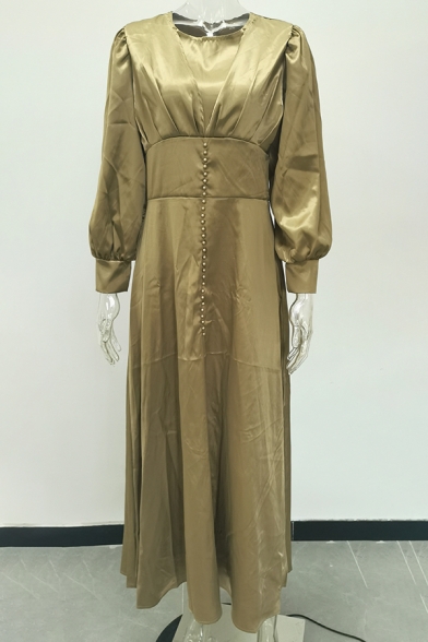 Retro Womens Dress Plain Color High-Waist Round Neck Long Sleeve Maxi A-Line Dress