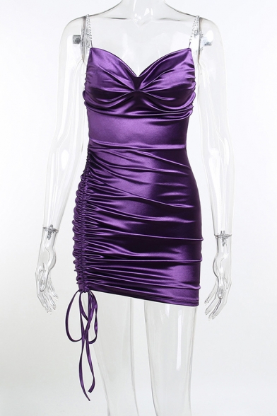 Sexy Slip Dress Solid Spaghetti Straps Sashes Drawstring Side Mini Womens Dress