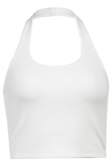 Simple Girls Cami Solid Color Halter Slim Cropped Tank Top