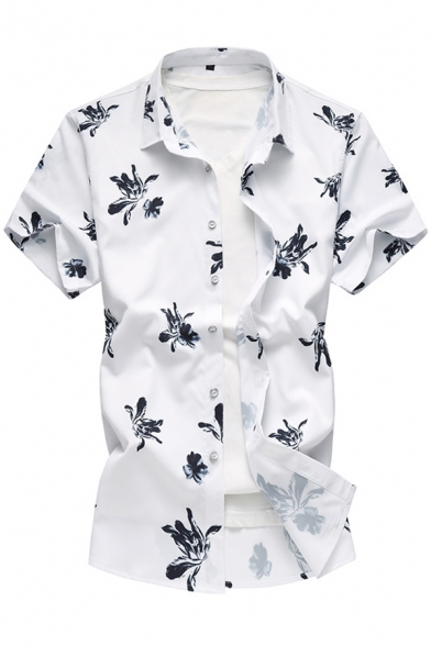 Simple Shirt 3D Floral Pattern Turn-down Collar Short Sleeve Regular Button Fly Shirt for Men