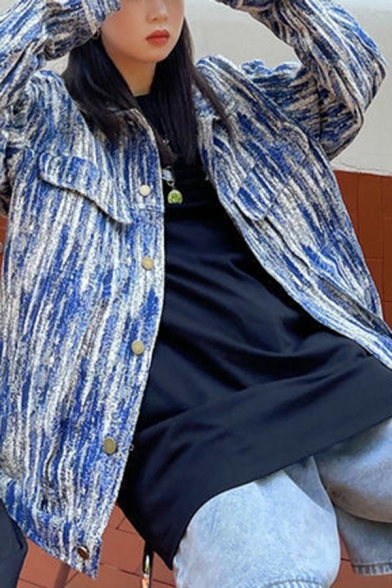 Street Look Womens Jacket Spread Collar Tie Dye Print Button Closure Oversized Denim Jacket with Flap Pockets