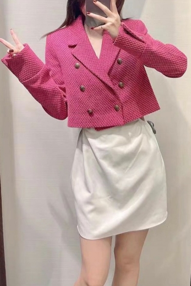 Stylish Girls Blazers Solid Woven Notched Lapel Double Breasted Long Sleeve Slim Cropped Suit Jacket