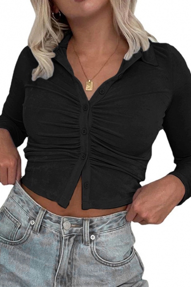 Stylish Plain Shirt V-Neck Button Closure Long Sleeve Crop Shirt for Ladies