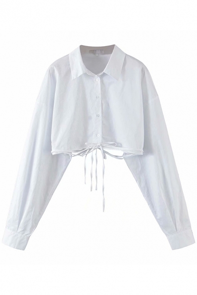 Stylish Womens Crop Shirt Lace-Up Detail Button Closure Long Sleeve Shirt in White