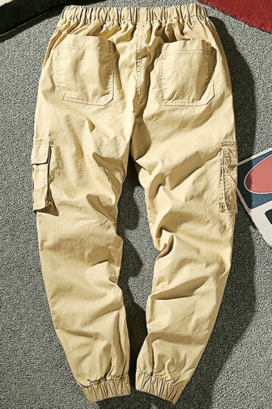 Trendy Mens Cargo Pants Plain Drawstring Elastic Waist Mid Rise Skinny Fitted Cargo Pants