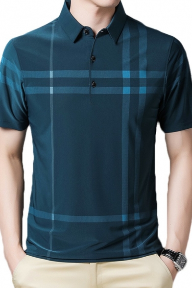 Trendy Mens T-Shirt Plaid Pattern Short Sleeve Turn-down Collar Regular Fit T-Shirt